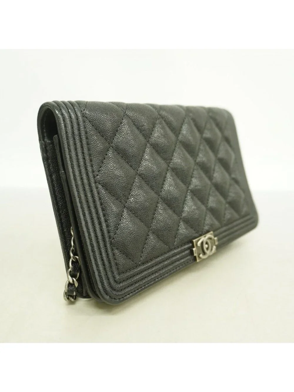Chanel Shoulder Wallet Boy Caviar Leather Black Silver